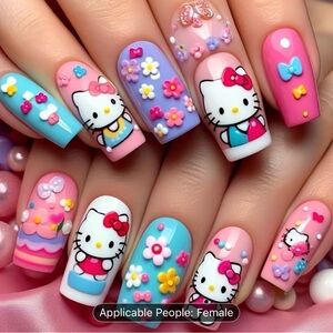 Hello Kitty French-Style Medium Length Floral Bow Design Press on Nails 24 Pcs